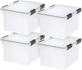 IRIS USA File Box WeatherPro File Organizer Plastic File Box for Letter/Legal File, Water Resistant Document Box, Durable Lid, Seal w/ Secure Latching Buckles, Stackable, Nestable, Clear 32 Qt. 4Pack