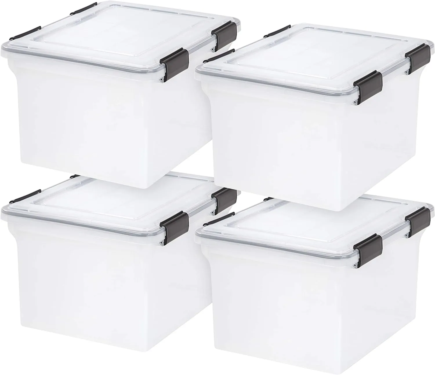 IRIS USA File Box WeatherPro File Organizer Plastic File Box for Letter/Legal File, Water Resistant Document Box, Durable Lid, Seal w/ Secure Latching Buckles, Stackable, Nestable, Clear 32 Qt. 4Pack