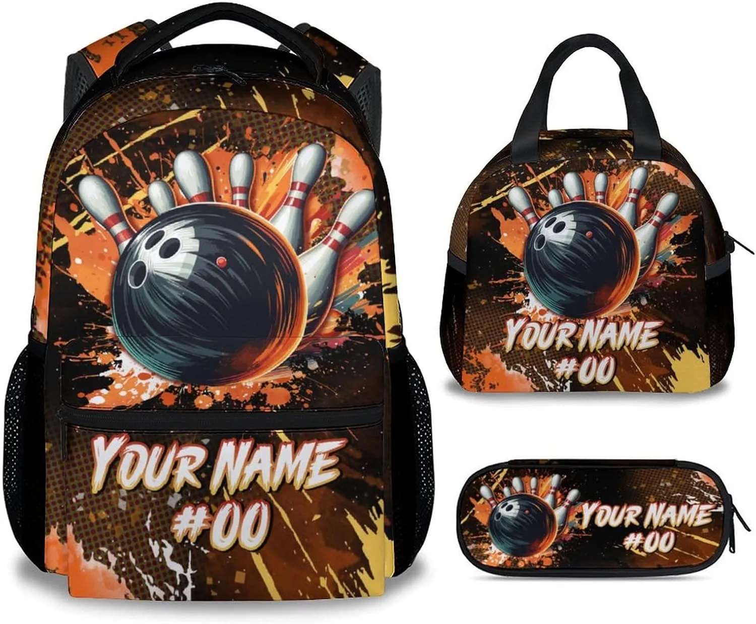 Kids Backpack Boys - Personalized Bowling Backpacks Set for School - Sports Bookbag with Lunch Bag & Pencil Case - Bowling Ball Book Bags for Elementary Middle School