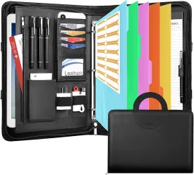 Leathario 3-Ring Portfolio Binder, Includes 5 Folder Index Dividers, 13 Inch Tablets Organizer with Handle, Vegan Leather A4 Padfolio, Multi-Pocket Notepad Business Planner Professional Document
