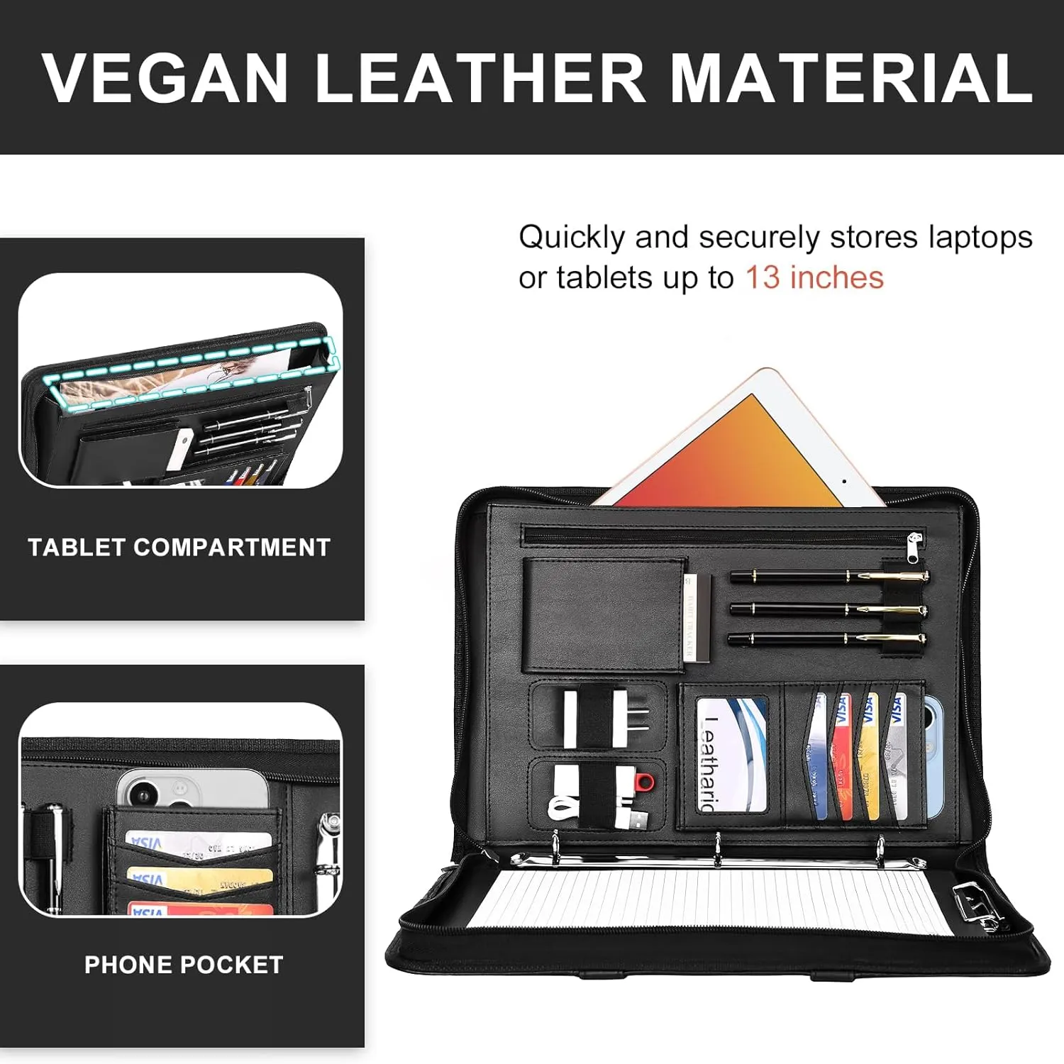 Leathario 3-Ring Portfolio Binder, Includes 5 Folder Index Dividers, 13 Inch Tablets Organizer with Handle, Vegan Leather A4 Padfolio, Multi-Pocket Notepad Business Planner Professional Document