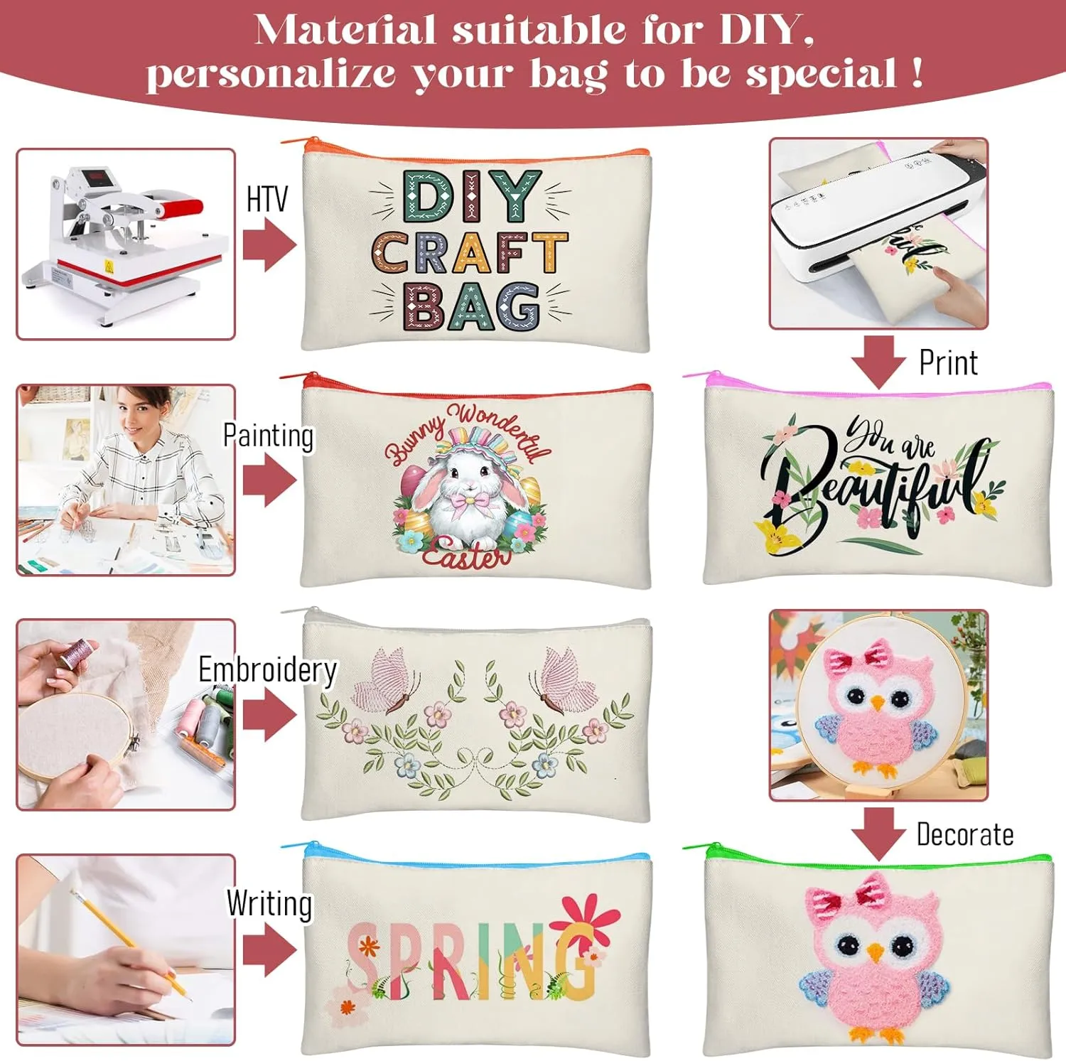 Legigo Blank DIY Craft Canvas Pencil Case - Makeup Pouch, Multi-Purpose Travel Toiletry Zipper Bag, Bulk Cosmetic Bags 8.3 5 Inch