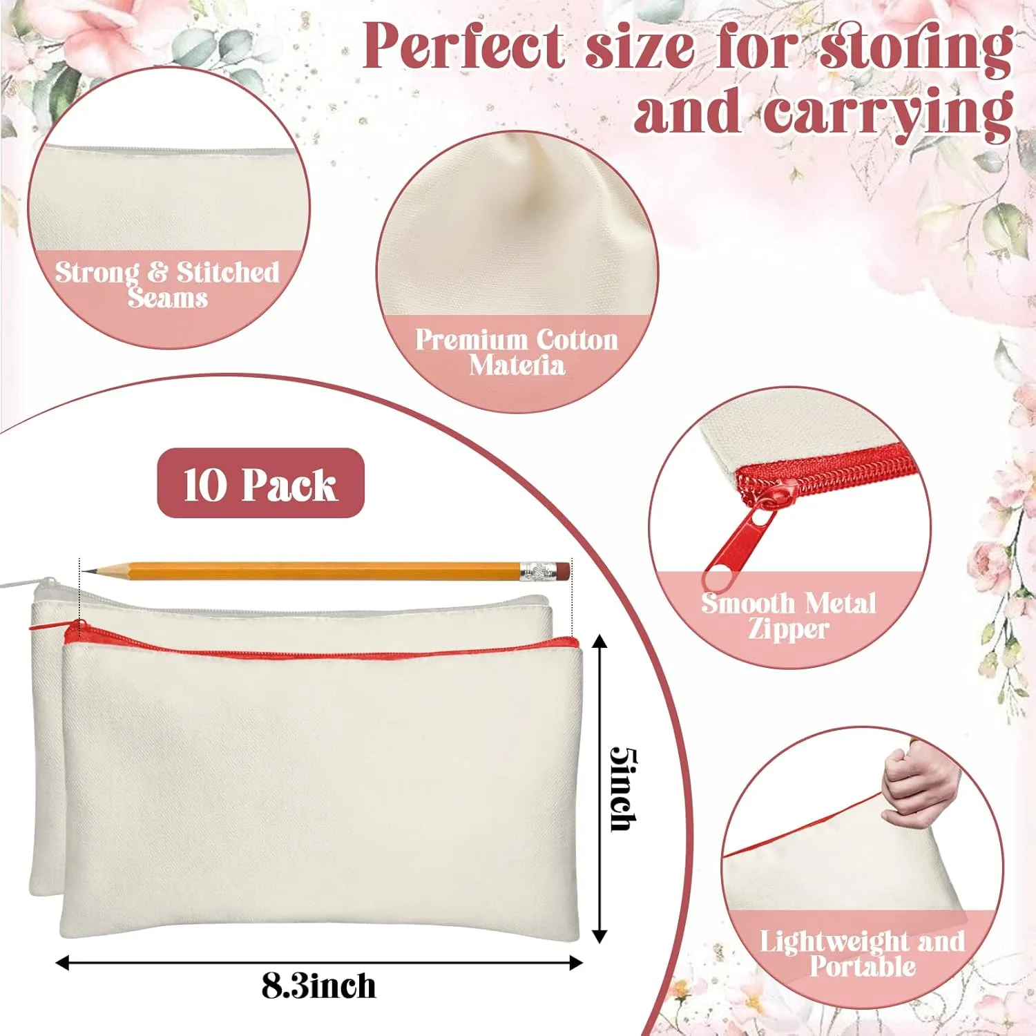 Legigo Blank DIY Craft Canvas Pencil Case - Makeup Pouch, Multi-Purpose Travel Toiletry Zipper Bag, Bulk Cosmetic Bags 8.3 5 Inch