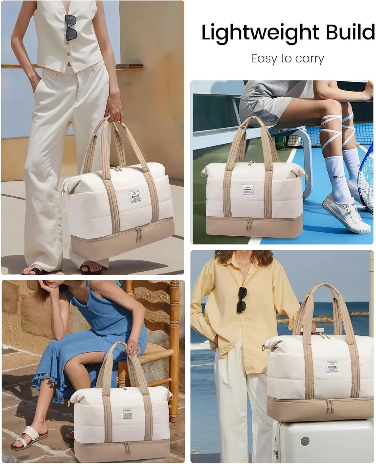 LOVEVOOK Travel Duffle Bag for Women, 3Pcs Puffer Large Weekender Overnight Bag with Shoe Compartment, Water Resistant Gym Duffel Bag, Carry on Bag for Hospital Delivery with Toiletry Organizer