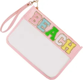 Monogram Glitter Chenille Letter Clear Bag, Portable Travel Essentials Zipper Clear Pouch with Wrist Strap