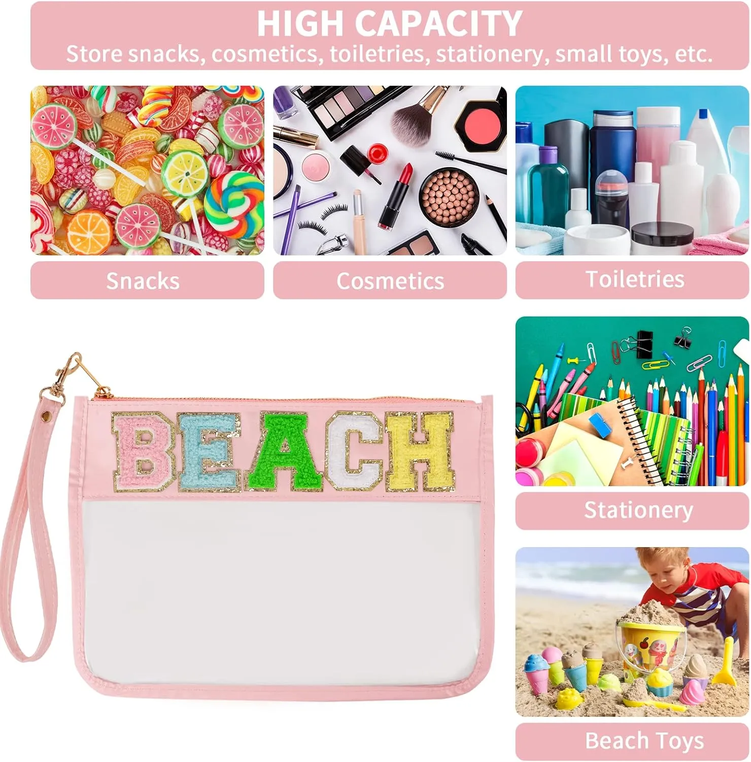 Monogram Glitter Chenille Letter Clear Bag, Portable Travel Essentials Zipper Clear Pouch with Wrist Strap