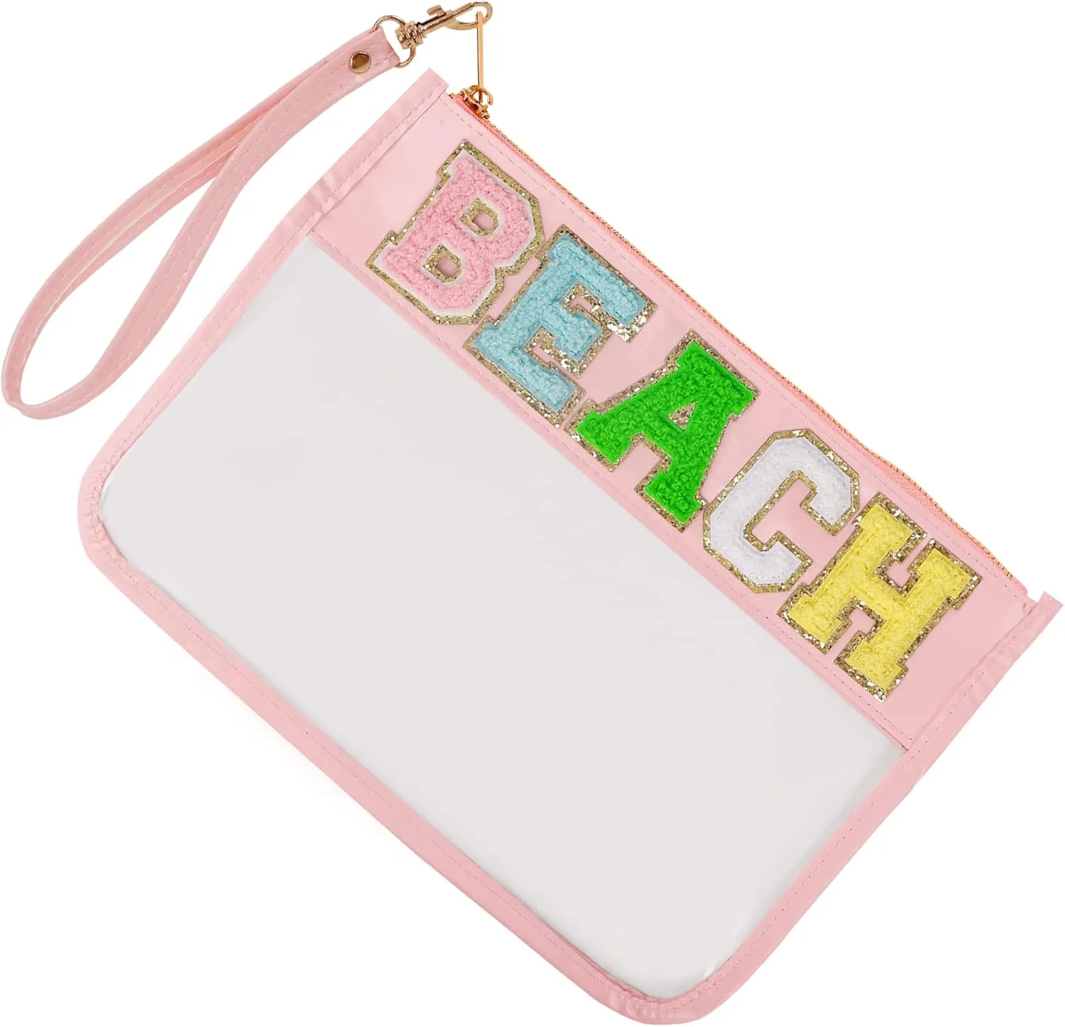 Monogram Glitter Chenille Letter Clear Bag, Portable Travel Essentials Zipper Clear Pouch with Wrist Strap