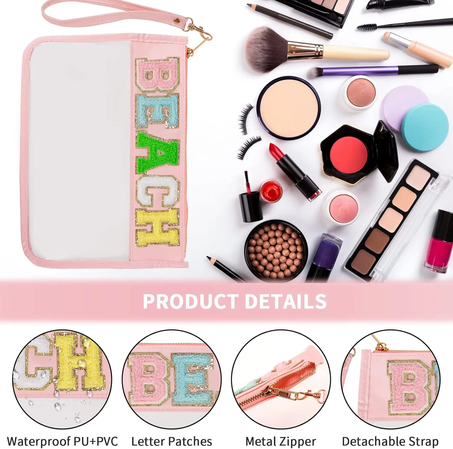 Monogram Glitter Chenille Letter Clear Bag, Portable Travel Essentials Zipper Clear Pouch with Wrist Strap