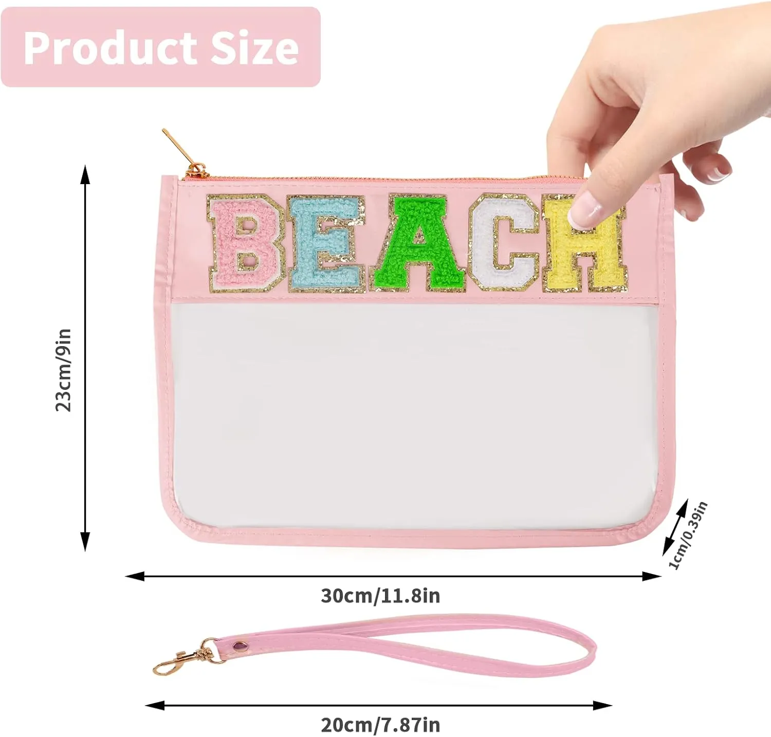 Monogram Glitter Chenille Letter Clear Bag, Portable Travel Essentials Zipper Clear Pouch with Wrist Strap