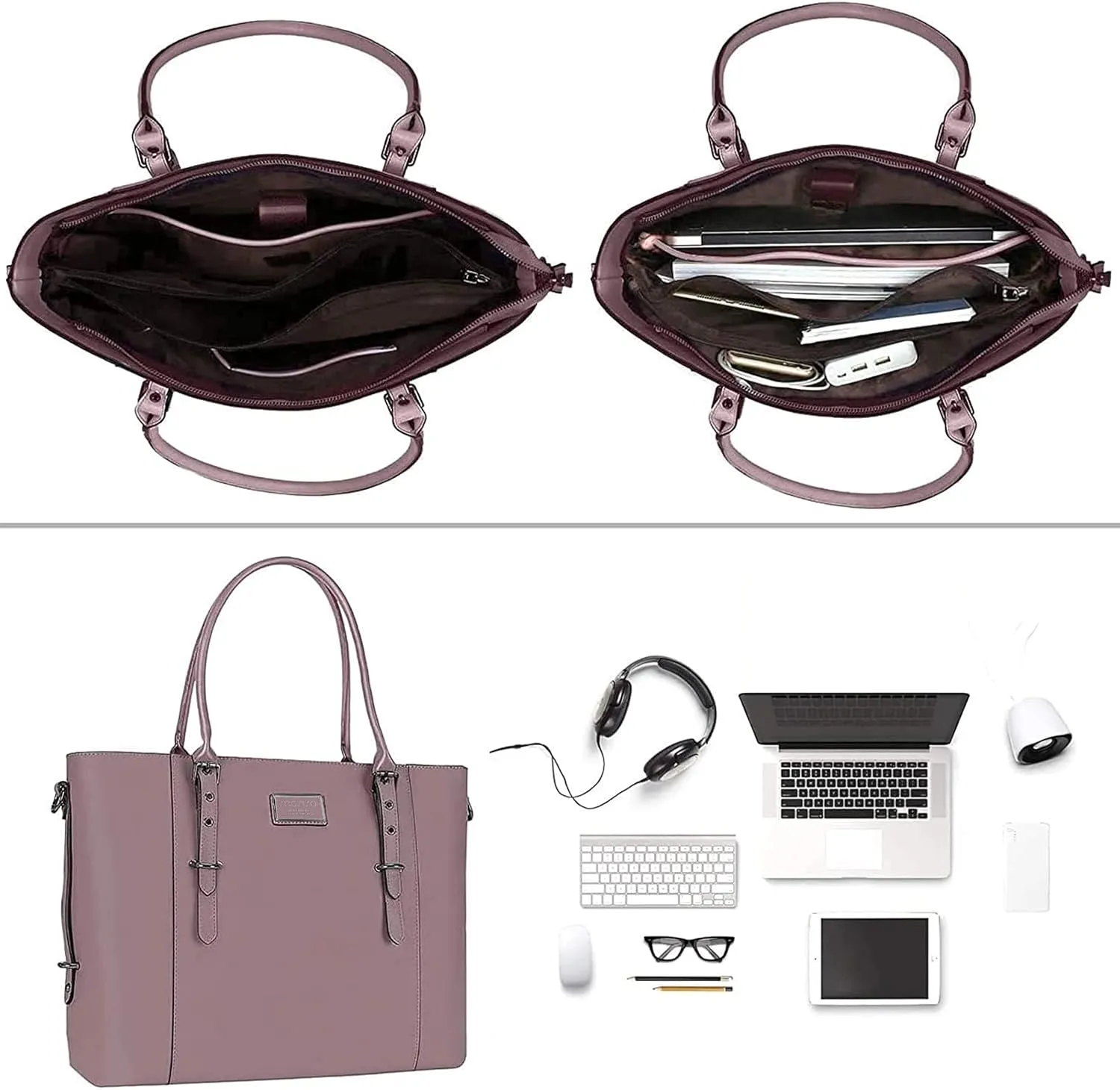 MOSISO PU Leather Laptop Tote Bag for Women (17-17.3 inch), Waterproof Large Capacity Business Work Briefcase Shoulder Laptop Bag, Purple