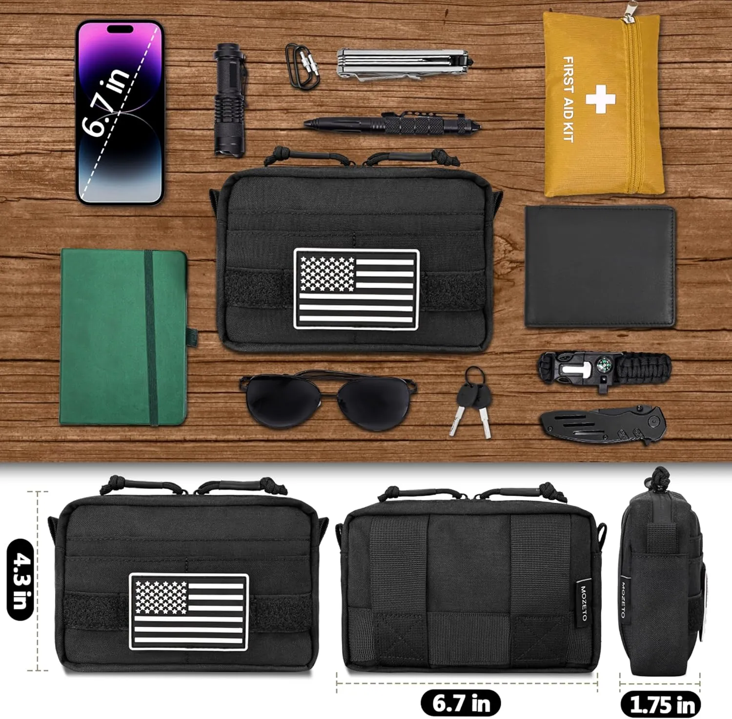 MOZETO Belt Pouches for Men, Water Resistant Small Belt Bag with USA Flag Patch, Pocket Organizer Storage EDC Gear for Work, Travel, Hiking