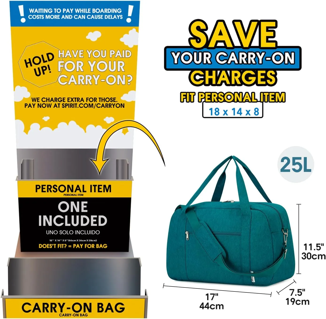Narwey 18" Carry on Bag Underseat for Airplane with Wet Pocket Spirit Airlines Personal Item Bag Travel Duffel Bag Small Gym Bag Weekender Overnight for Women and Men (Teal)