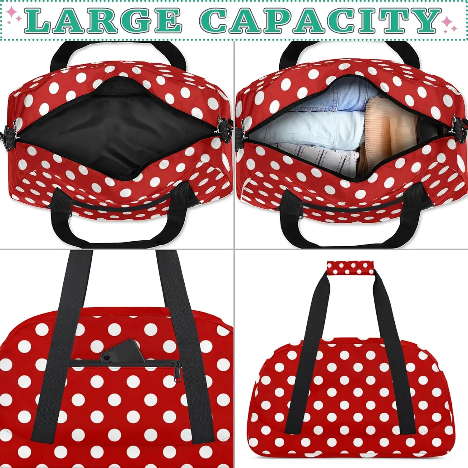 Red Polka Dot 18 inch Small Gym Bag for Women and Men, Lightweight Carry On Weekender Bag Mini Duffel Bag for Travel Sports Workout