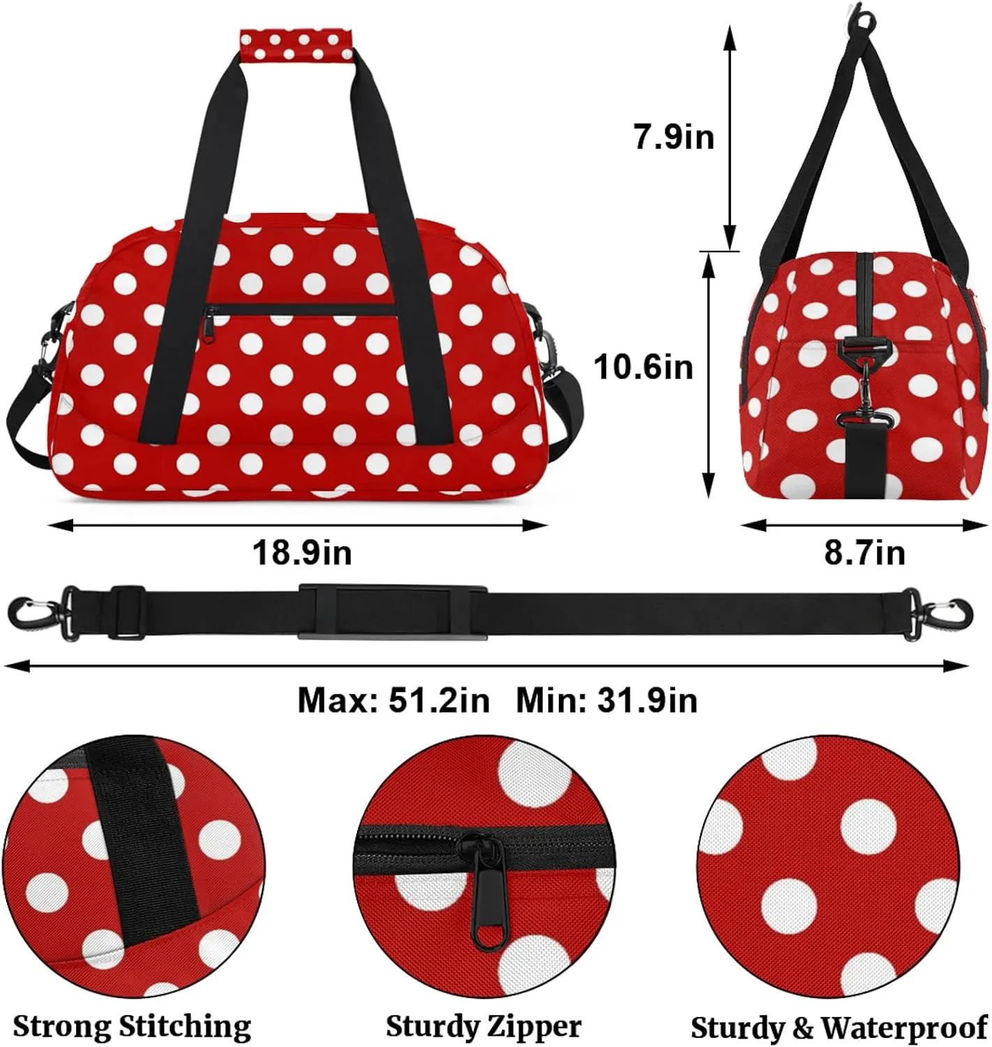 Red Polka Dot 18 inch Small Gym Bag for Women and Men, Lightweight Carry On Weekender Bag Mini Duffel Bag for Travel Sports Workout