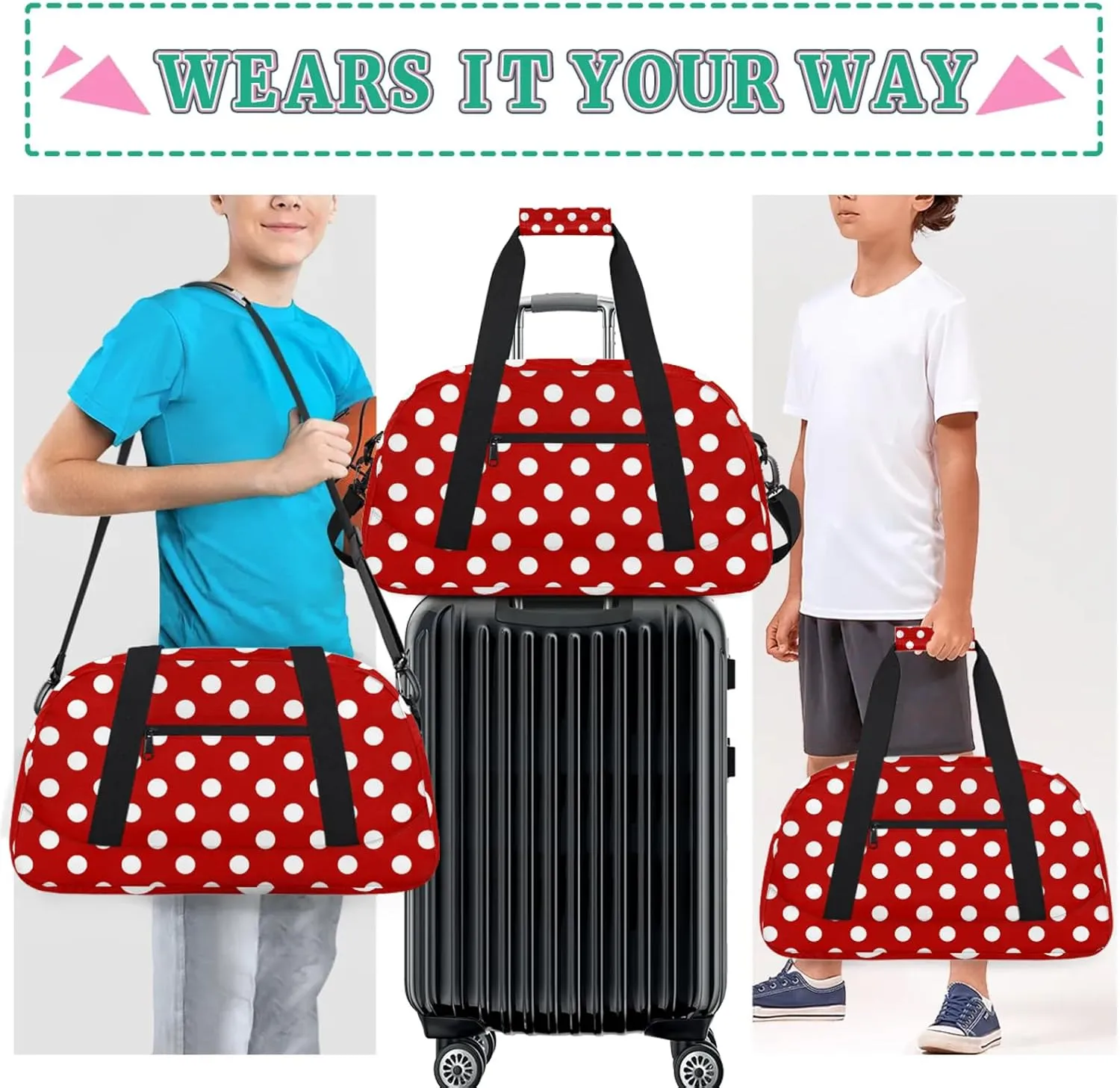 Red Polka Dot 18 inch Small Gym Bag for Women and Men, Lightweight Carry On Weekender Bag Mini Duffel Bag for Travel Sports Workout
