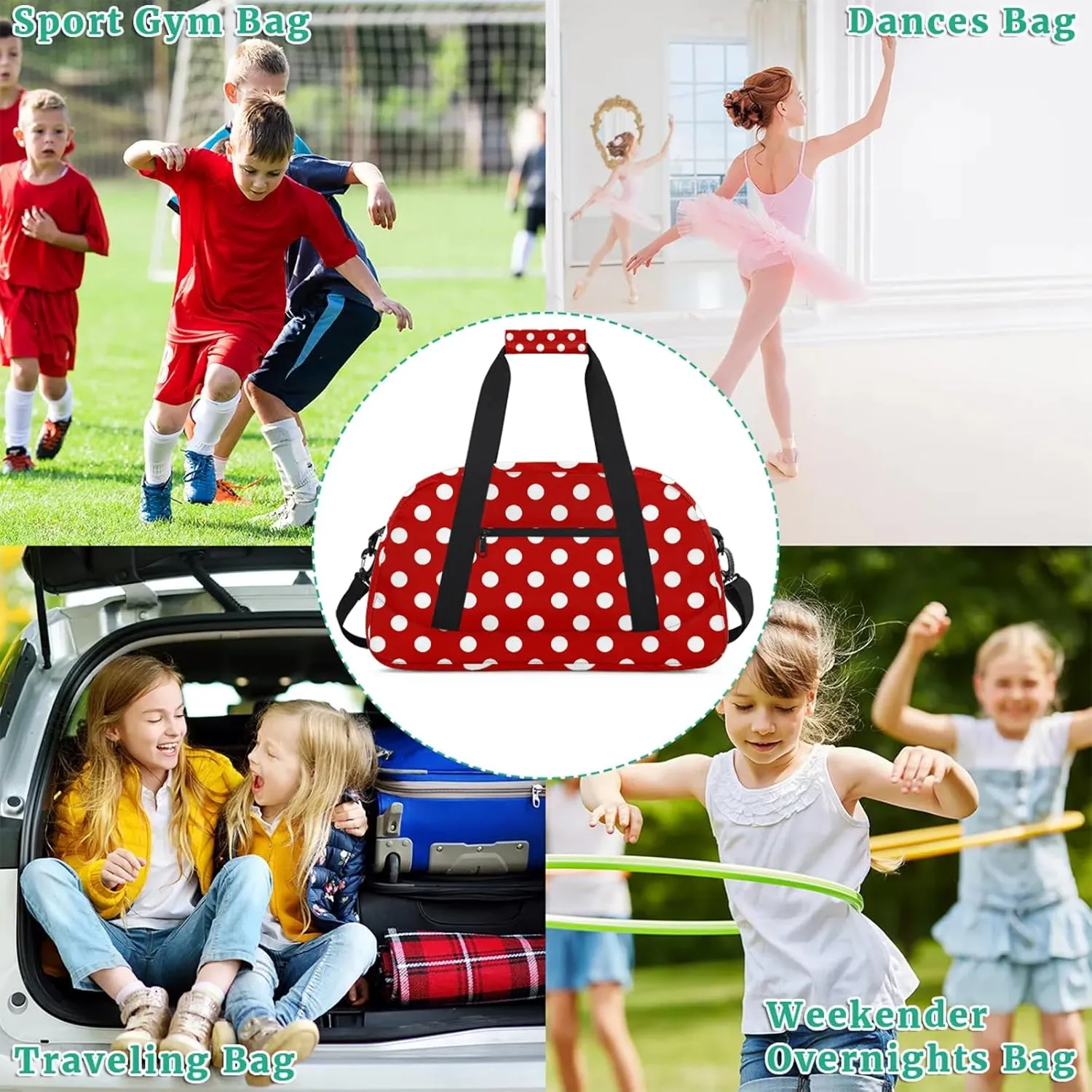 Red Polka Dot 18 inch Small Gym Bag for Women and Men, Lightweight Carry On Weekender Bag Mini Duffel Bag for Travel Sports Workout