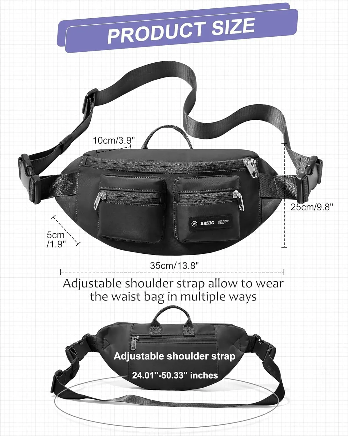 SEAFEW Black Fanny Packs for Women Men, Belt Bag with Mult Zipper Pockets, Waterproof Crossbody Bag, Fashion Waist Packs with Adjustable Long Strap for Workout Running Yoga Shopping Hiking
