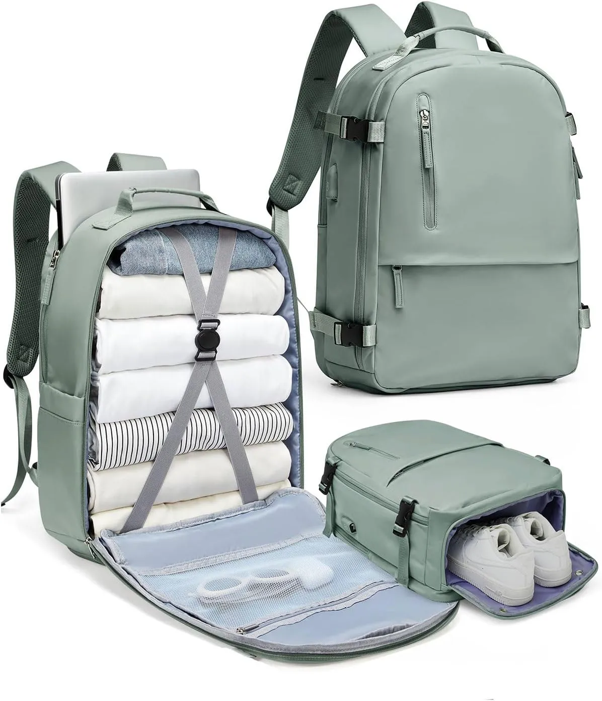 SEAFEW Carry On Backpack, Travel Backpack for Women Men Flight Approved, Personal Item Travel Bag for Airplanes, 14-15.6 Inch Laptop Business Backpack, Casual Daypack Gym Hiking Bakpack Green