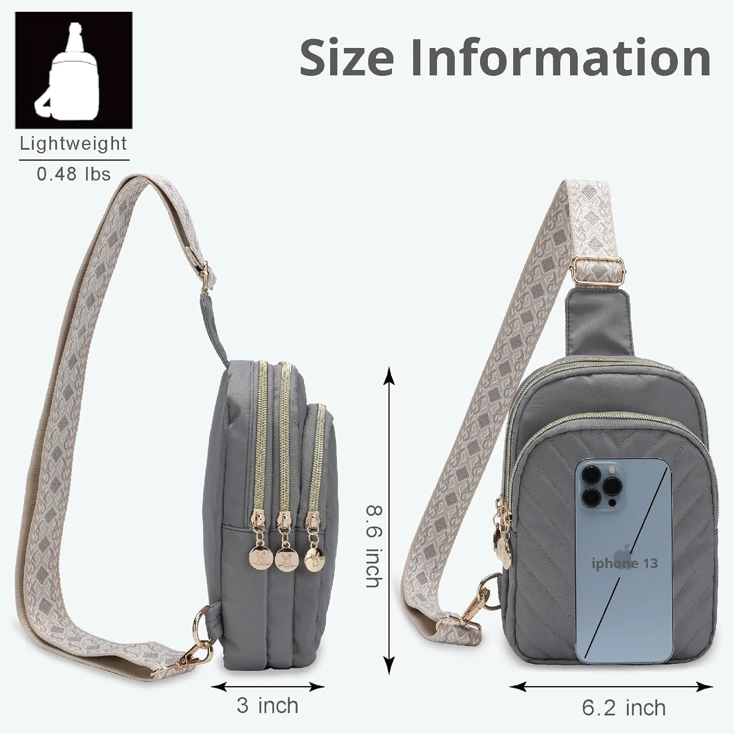 Small Crossbody Sling Bags for Women Men, 3 Zipper Pocket Cell Phone Purse Fanny Packs for Women