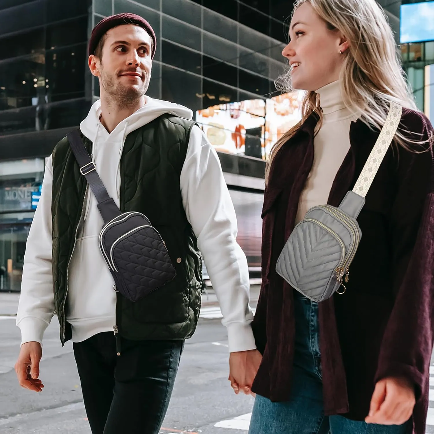 Small Crossbody Sling Bags for Women Men, 3 Zipper Pocket Cell Phone Purse Fanny Packs for Women