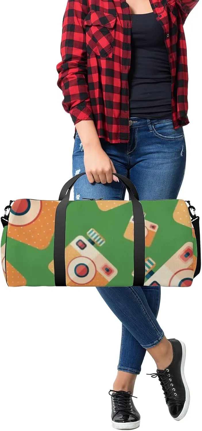 Sports Gym Bag for Women and Men Waterproof Camera Icon Pattern Green Duffel Bag Lightweight Carryon Traveling Boarding Gripsack