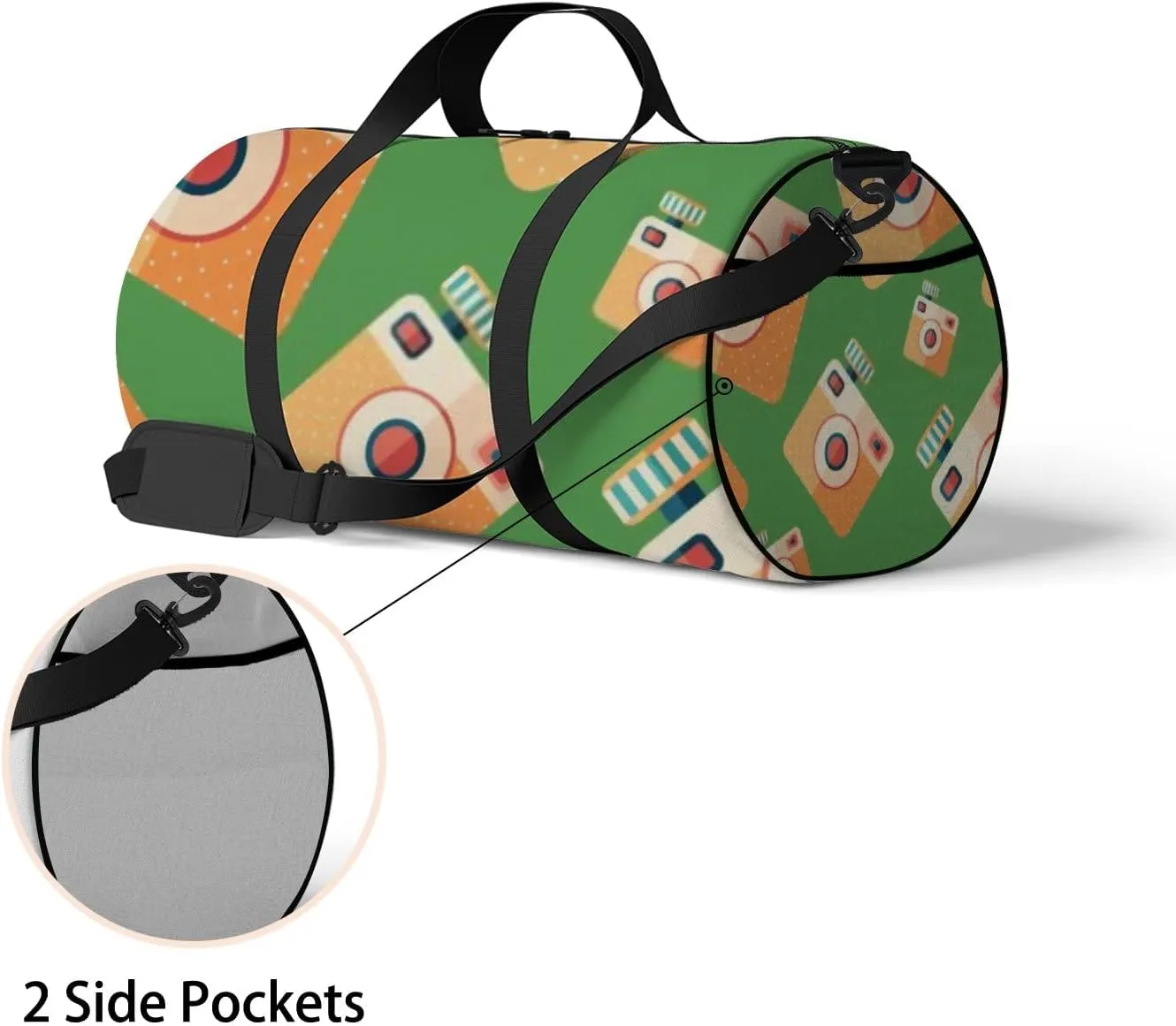 Sports Gym Bag for Women and Men Waterproof Camera Icon Pattern Green Duffel Bag Lightweight Carryon Traveling Boarding Gripsack