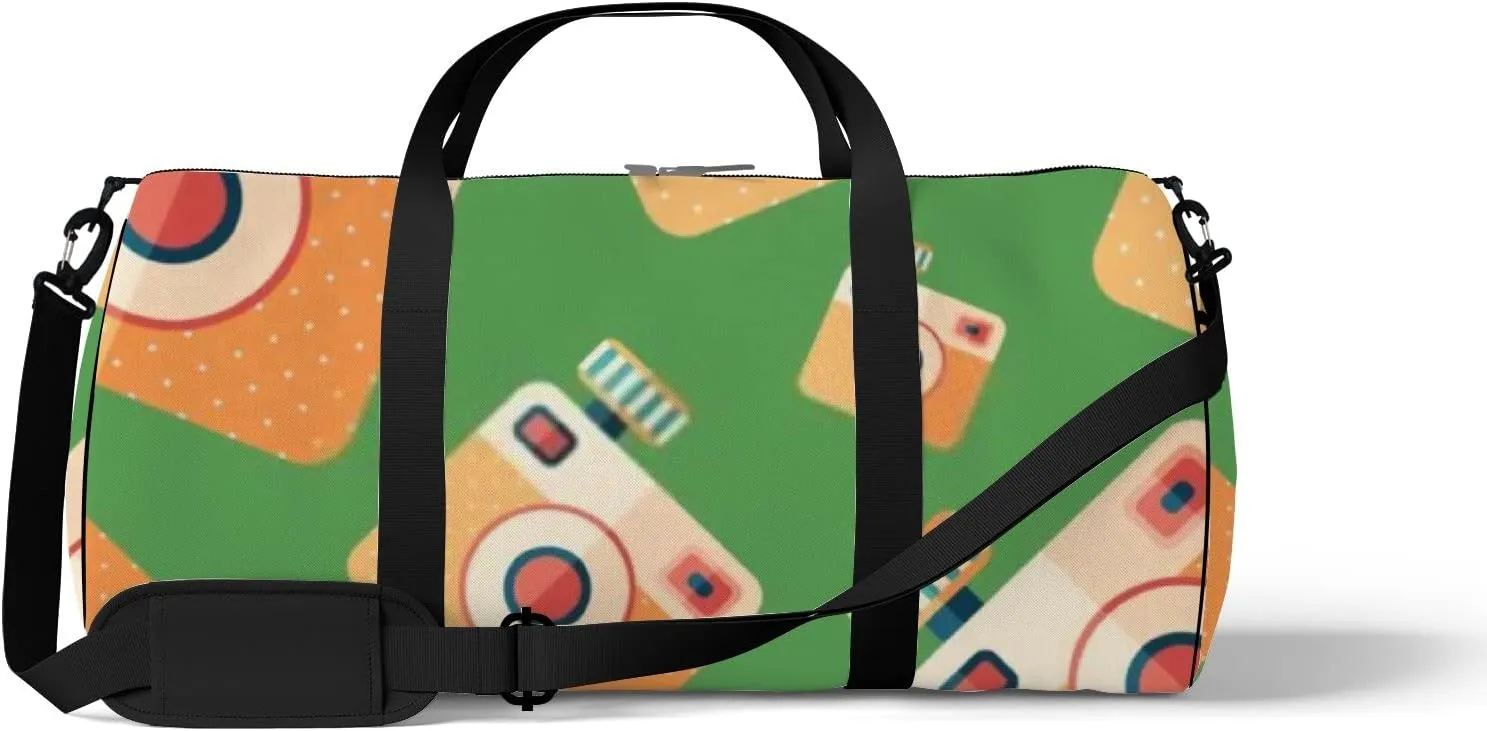 Sports Gym Bag for Women and Men Waterproof Camera Icon Pattern Green Duffel Bag Lightweight Carryon Traveling Boarding Gripsack