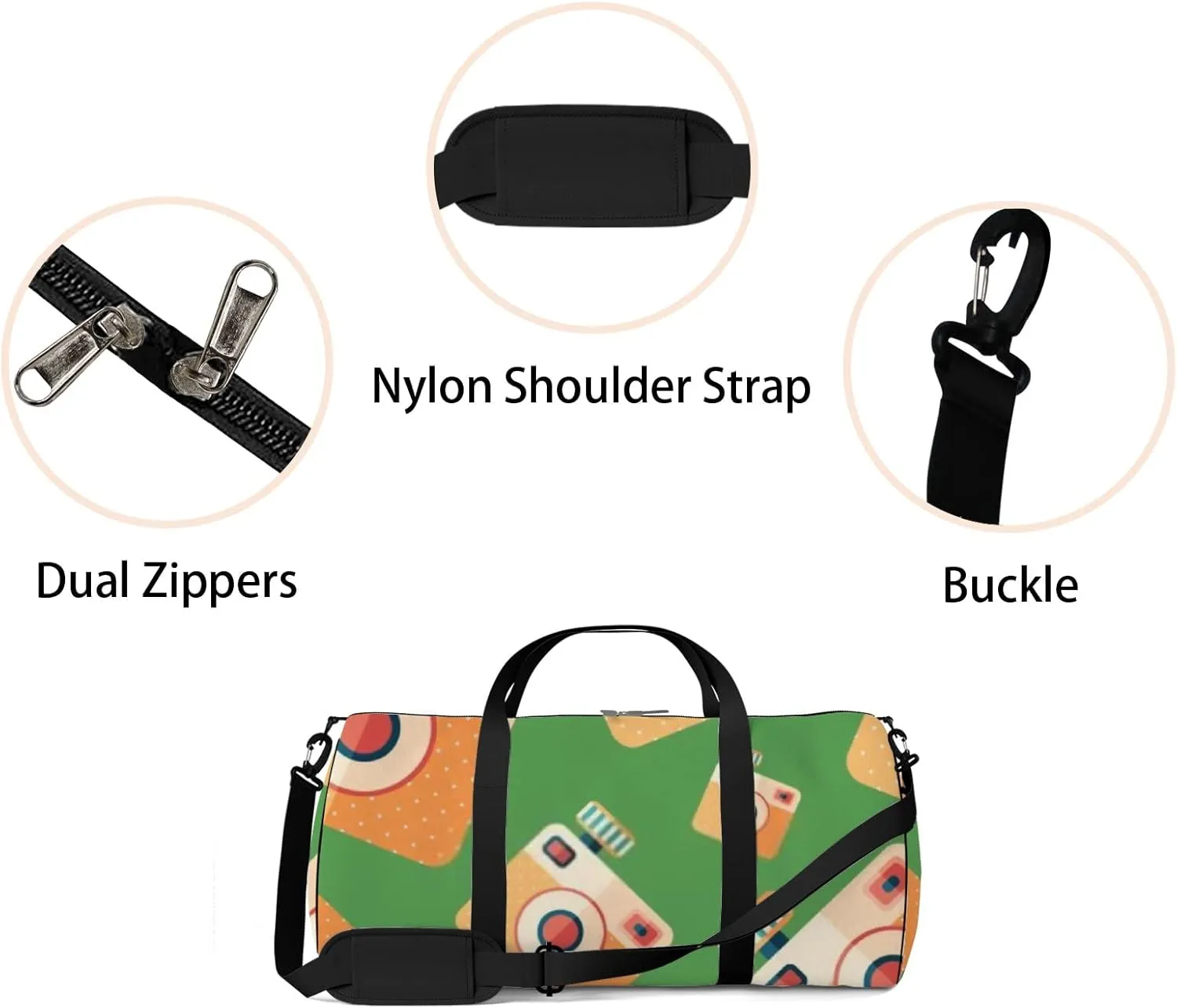 Sports Gym Bag for Women and Men Waterproof Camera Icon Pattern Green Duffel Bag Lightweight Carryon Traveling Boarding Gripsack