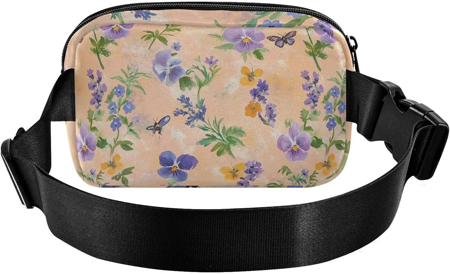 Spring Flowers Pansy Butterflies Bees Peach Fashion Fanny Pack Waist Bag for Women Men Teenagers Multipurpose Chest Bag Belt Bag with Adjustable Strap for Travel Gym Work