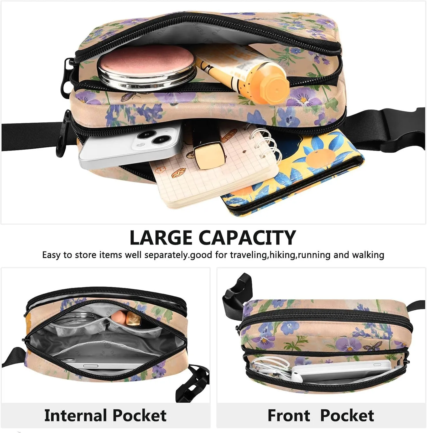 Spring Flowers Pansy Butterflies Bees Peach Fashion Fanny Pack Waist Bag for Women Men Teenagers Multipurpose Chest Bag Belt Bag with Adjustable Strap for Travel Gym Work