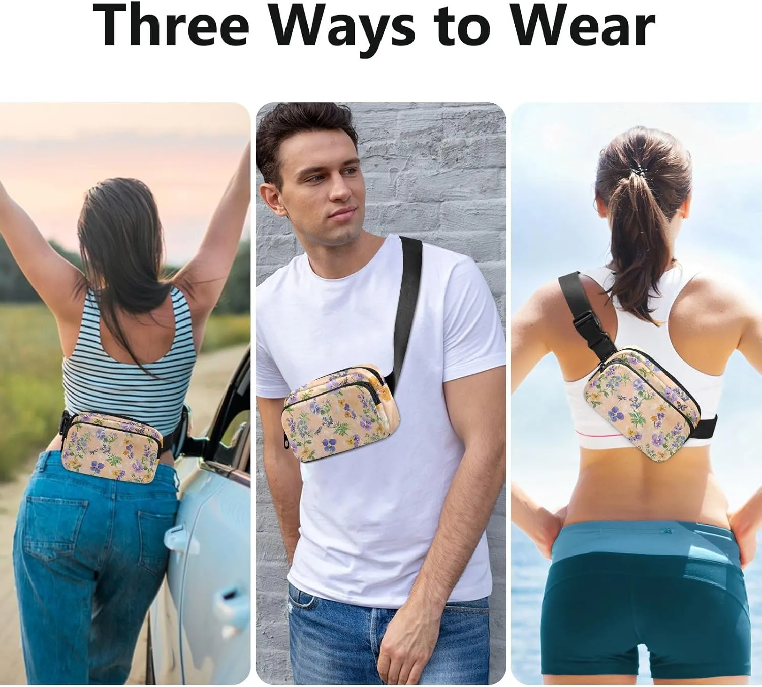 Spring Flowers Pansy Butterflies Bees Peach Fashion Fanny Pack Waist Bag for Women Men Teenagers Multipurpose Chest Bag Belt Bag with Adjustable Strap for Travel Gym Work