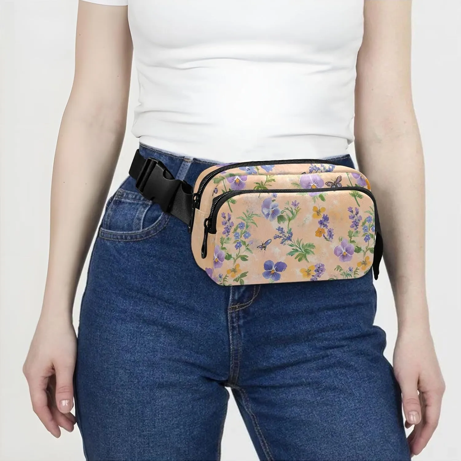 Spring Flowers Pansy Butterflies Bees Peach Fashion Fanny Pack Waist Bag for Women Men Teenagers Multipurpose Chest Bag Belt Bag with Adjustable Strap for Travel Gym Work