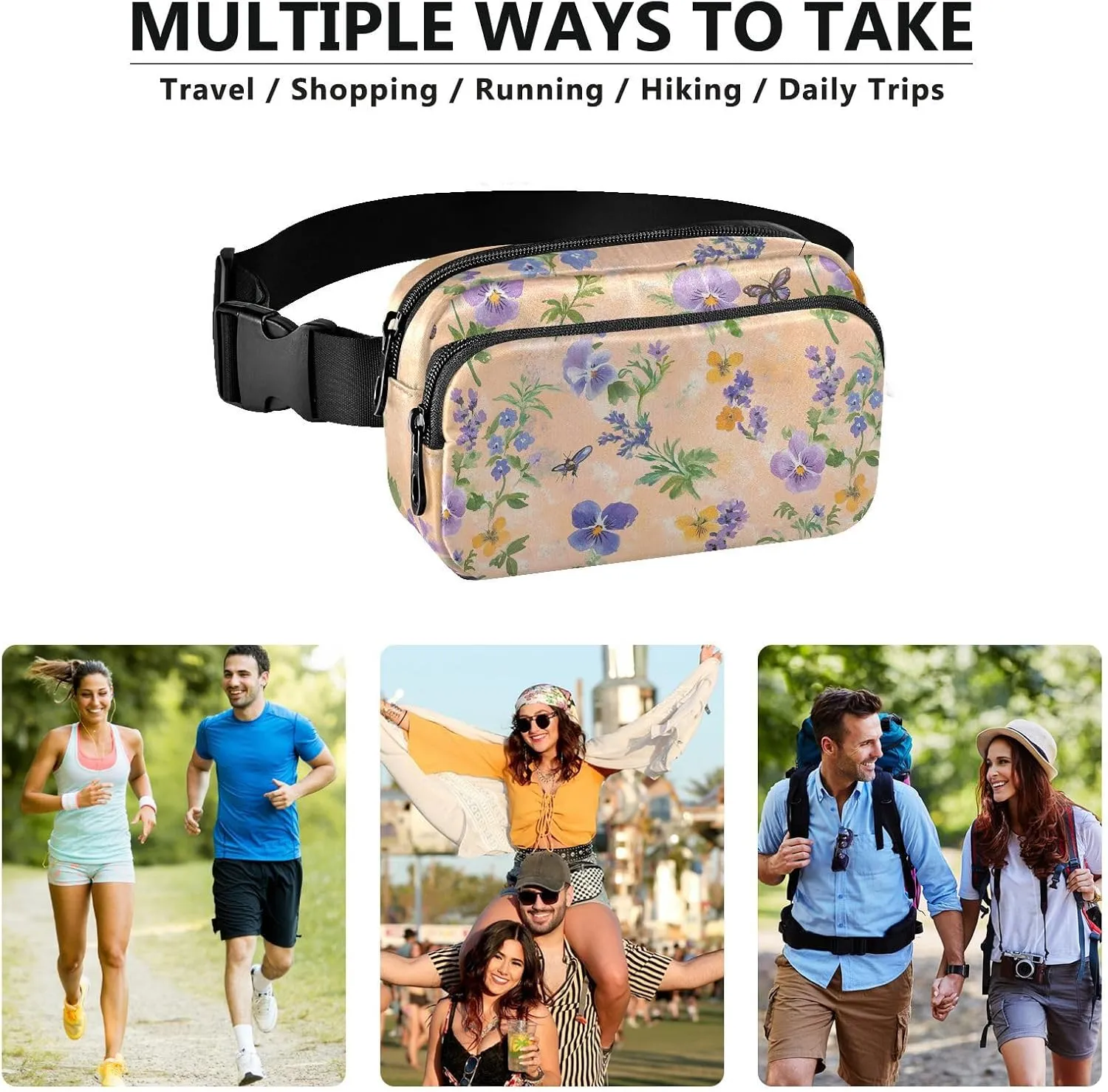 Spring Flowers Pansy Butterflies Bees Peach Fashion Fanny Pack Waist Bag for Women Men Teenagers Multipurpose Chest Bag Belt Bag with Adjustable Strap for Travel Gym Work