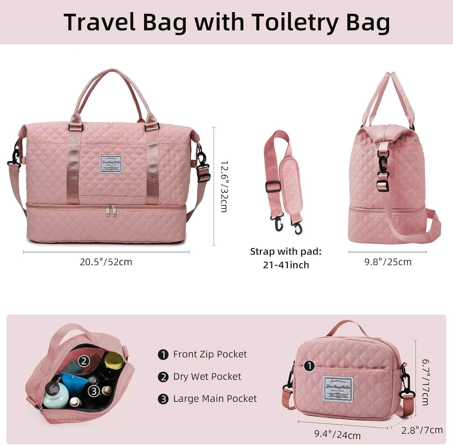 Travel Duffle Bag Weekender Bags for Women with Shoe Compartment Carry On Duffel Overnight Bag with Toiletry Bag for Hospital Pink