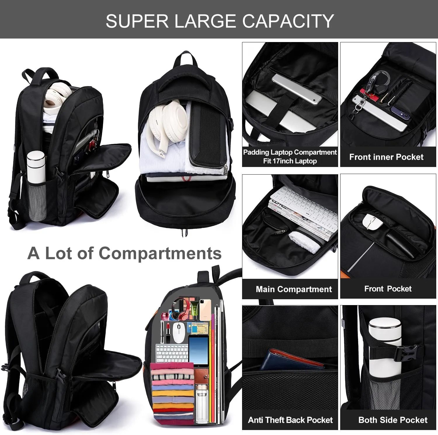 Travel Laptop Backpack,Extra Large Backpack for Men Women Work Bag 17.3 Inch Laptop Bag with USB Charging Port Anti Theft Water Resistant Durable Bookbag for College Travel Business Computer Bag,Black
