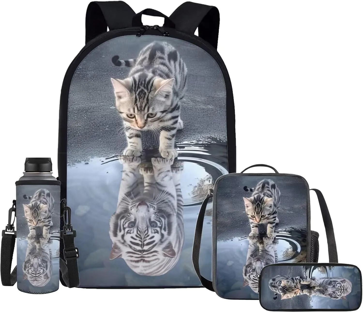 Upetstory Cat Tiger Backpack Set for Kids Girls Boys School Bag with Lunch Bags Pencilcase Elementary Primary Preschool Water Bottle Carrier Cover Bag Travel Hiking Camping Rucksack Daypack
