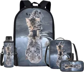 Upetstory Cat Tiger Backpack Set for Kids Girls Boys School Bag with Lunch Bags Pencilcase Elementary Primary Preschool Water Bottle Carrier Cover Bag Travel Hiking Camping Rucksack Daypack