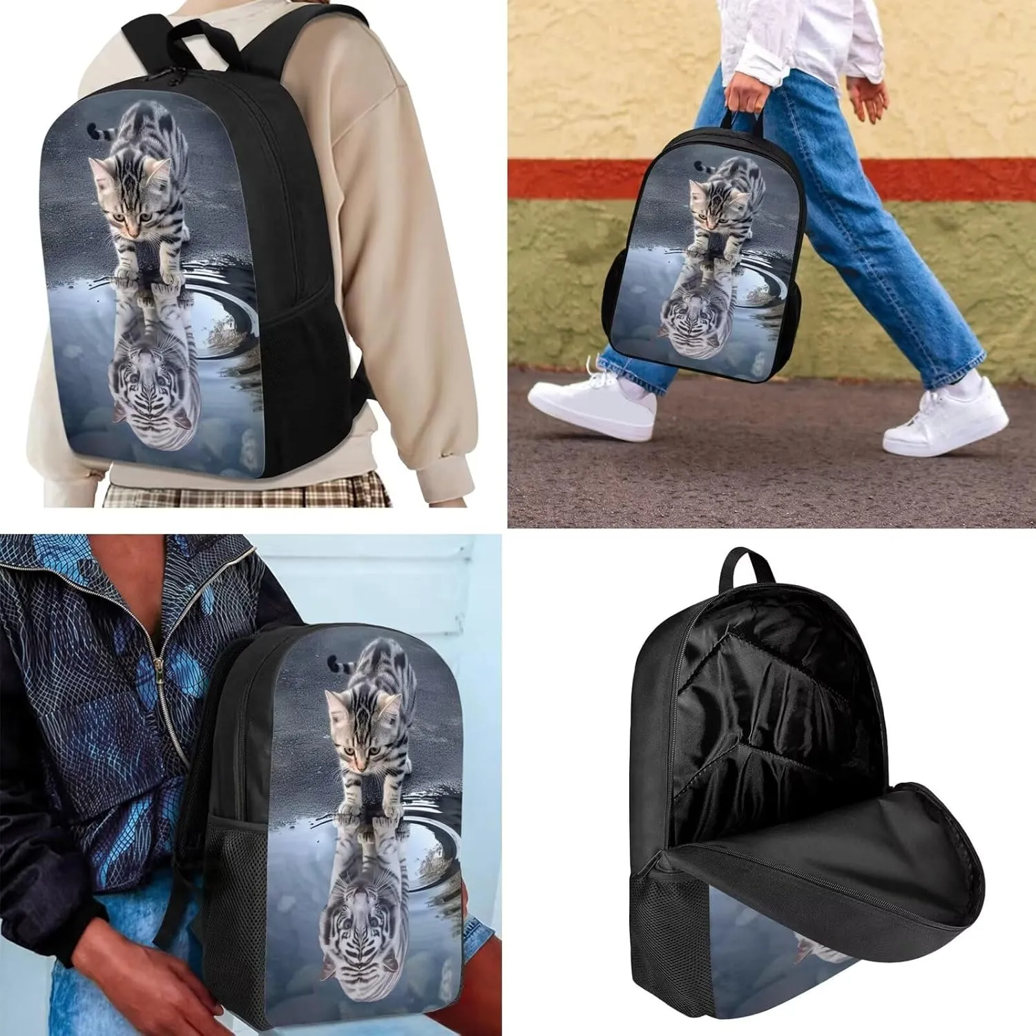 Upetstory Cat Tiger Backpack Set for Kids Girls Boys School Bag with Lunch Bags Pencilcase Elementary Primary Preschool Water Bottle Carrier Cover Bag Travel Hiking Camping Rucksack Daypack