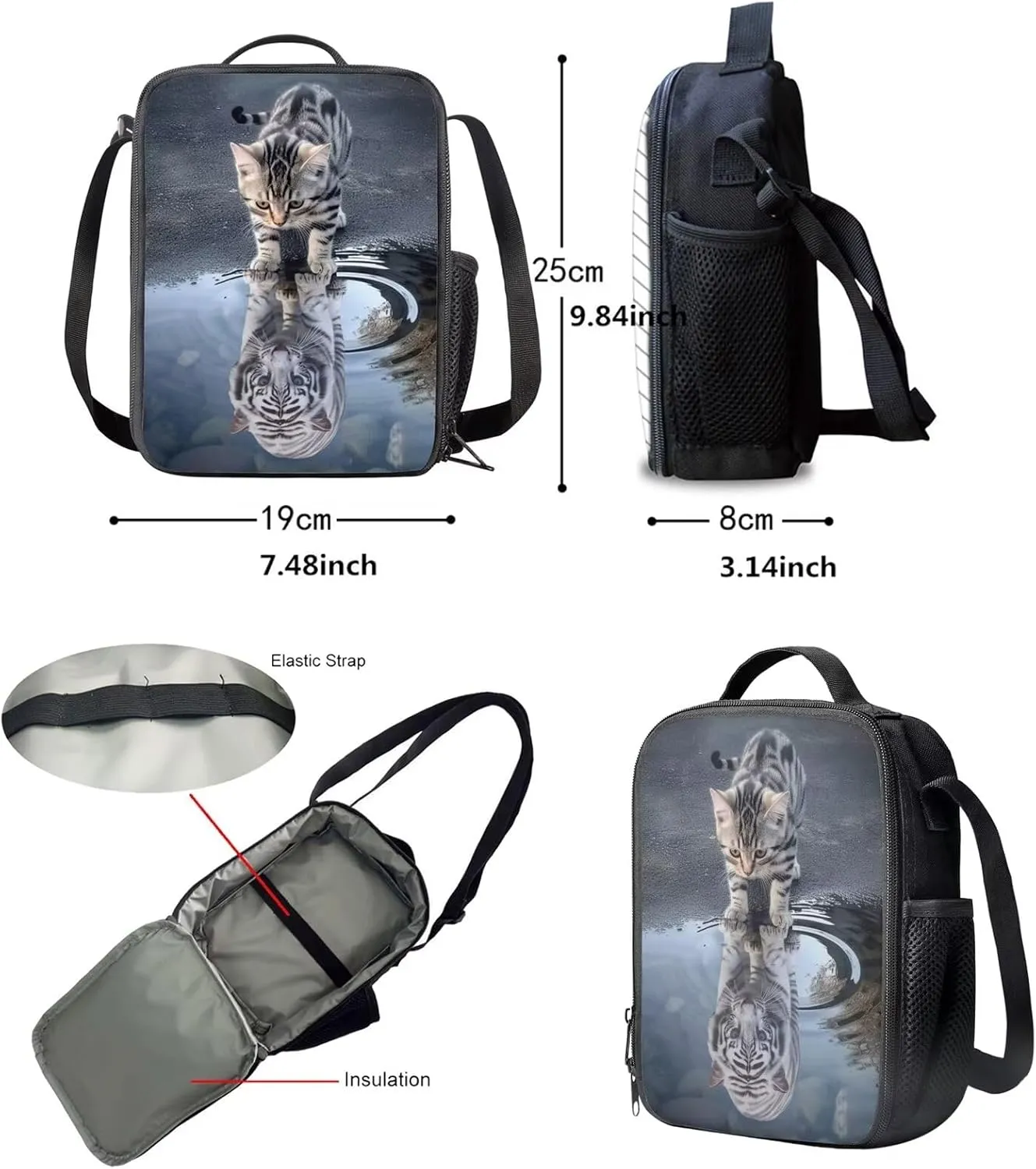 Upetstory Cat Tiger Backpack Set for Kids Girls Boys School Bag with Lunch Bags Pencilcase Elementary Primary Preschool Water Bottle Carrier Cover Bag Travel Hiking Camping Rucksack Daypack