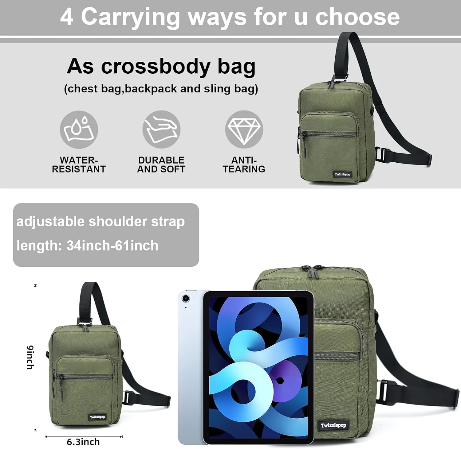 Waterproof Sling Bag For Men And Women, Small Nylon Crossbody Sling Backpack With Multi Pockets, Adjustable Chest Bag For Travel, Hiking, Workout - Green